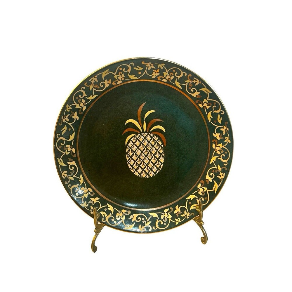 Vtg Pineapple Decorative Wall Plate Andrea By Sadek Green & Gold Gilded 10”